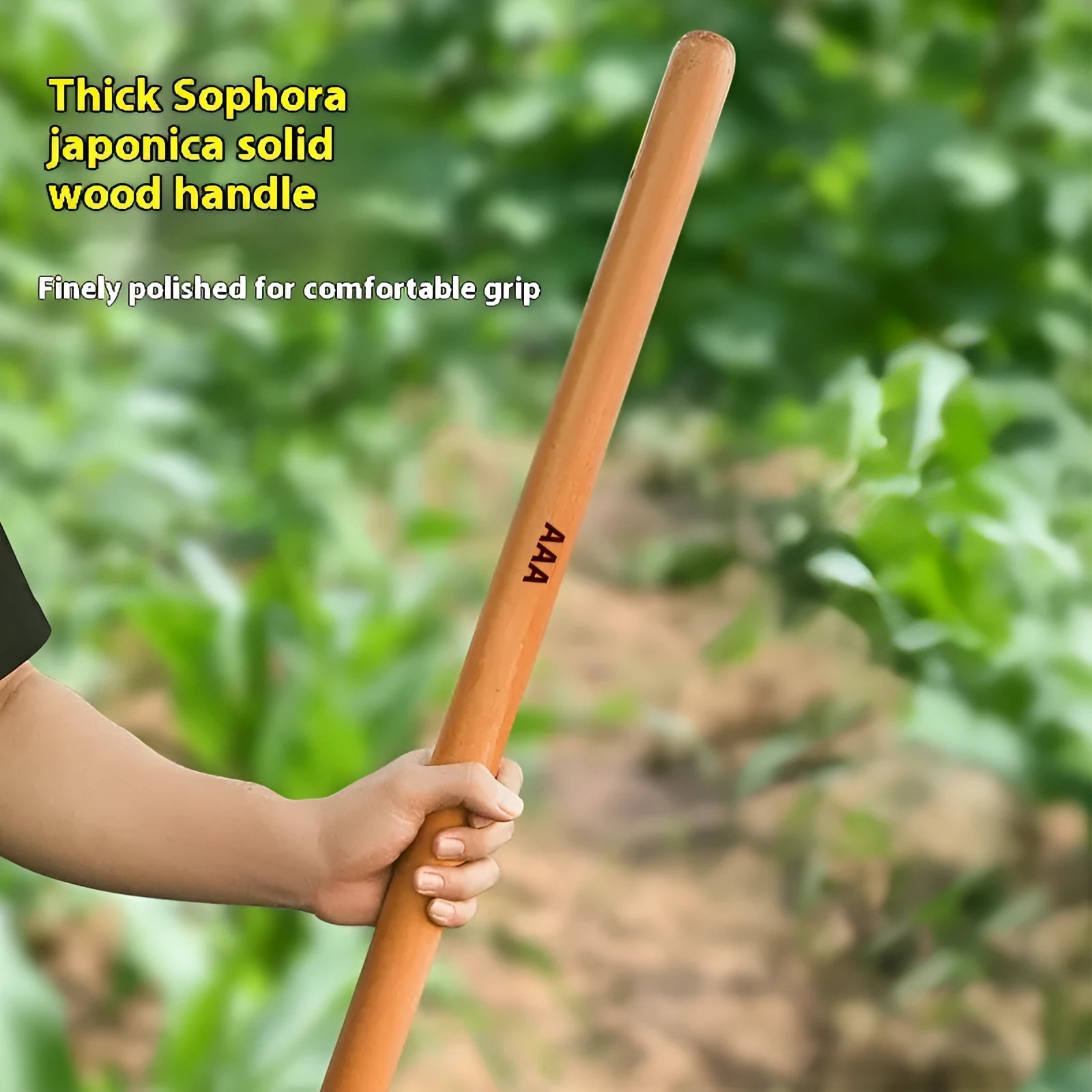 A square-profile locust wood replacement handle for axes and tools on a workbench.