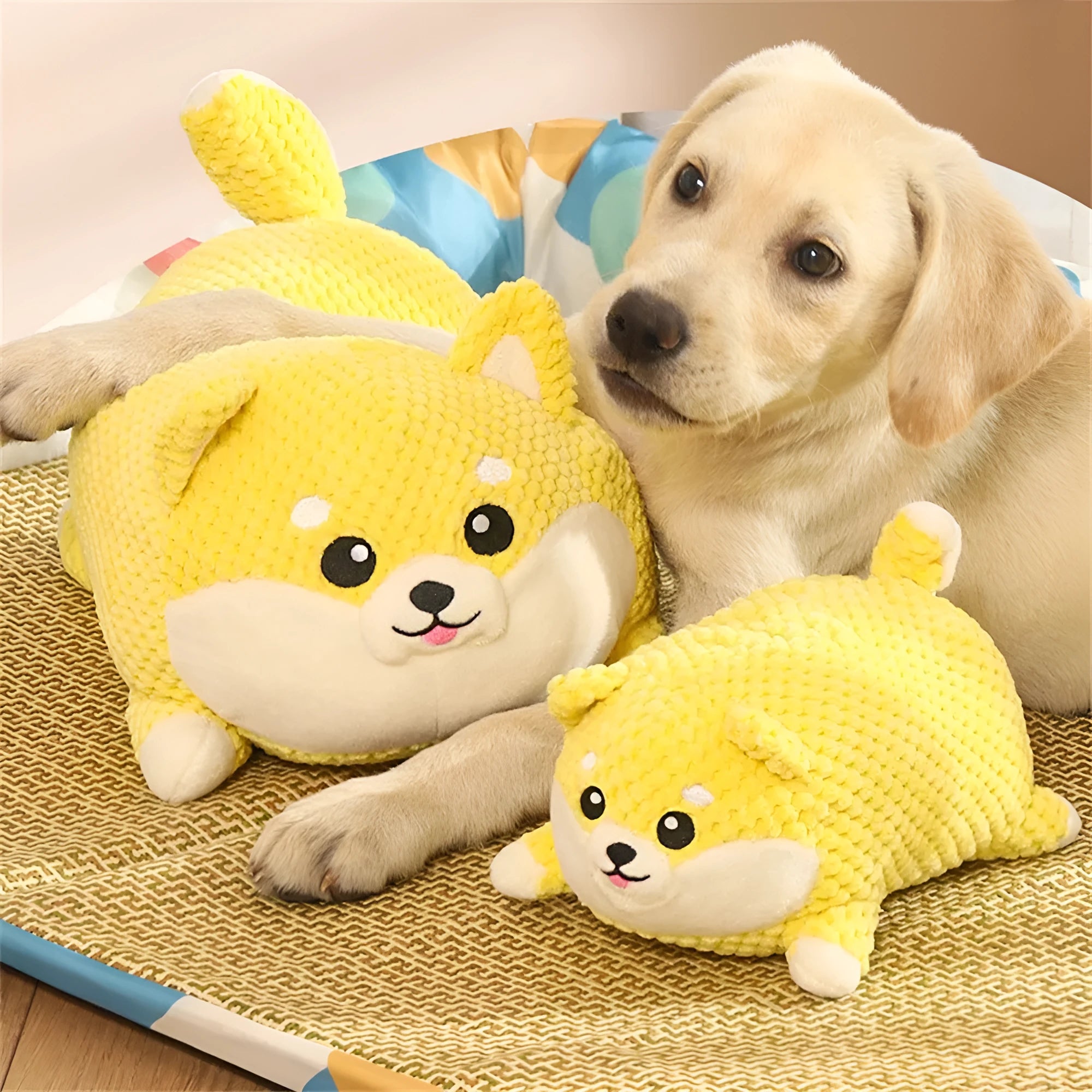 Plush dog calming toy with squeaky function for chewing and dental care