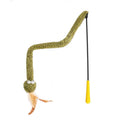 Green cat teasing stick with long pole and feather attachments for interactive feline play
