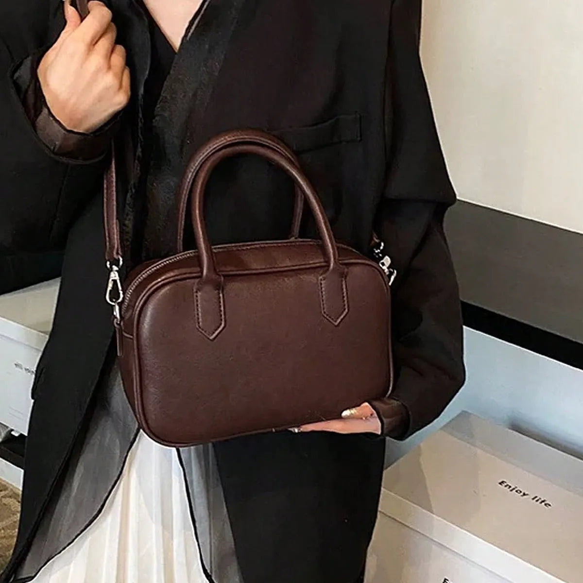 Retro square shoulder messenger bag in PU leather available black or coffee colour