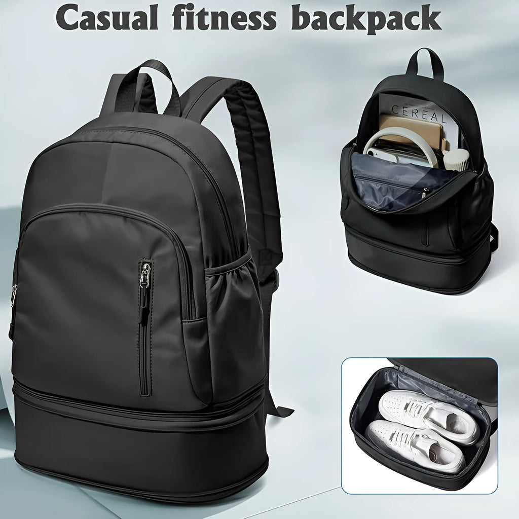 Women's casual backpack in black with curved adjustable shoulder straps showing stitching details