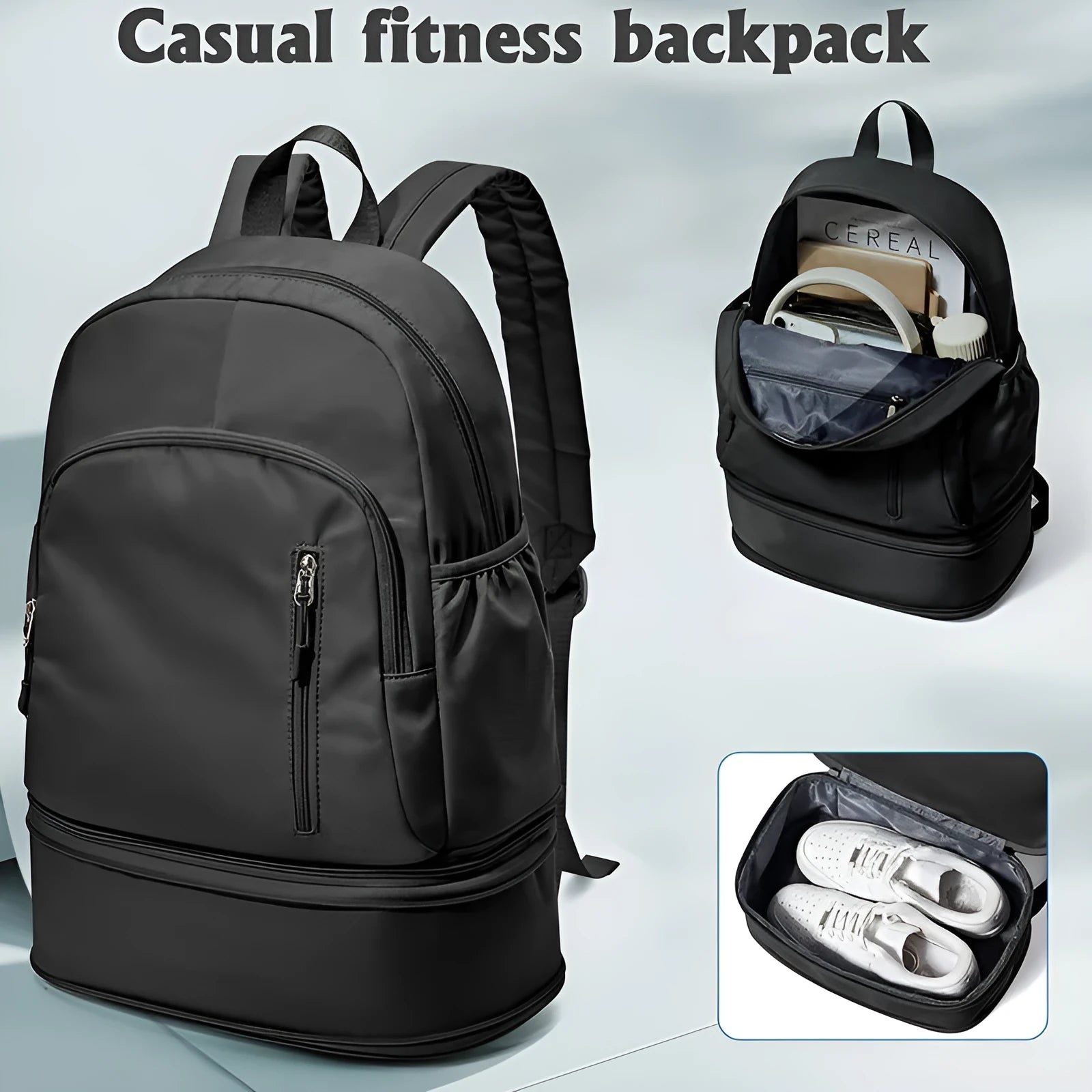 Women's casual backpack in black with curved adjustable shoulder straps showing stitching details
