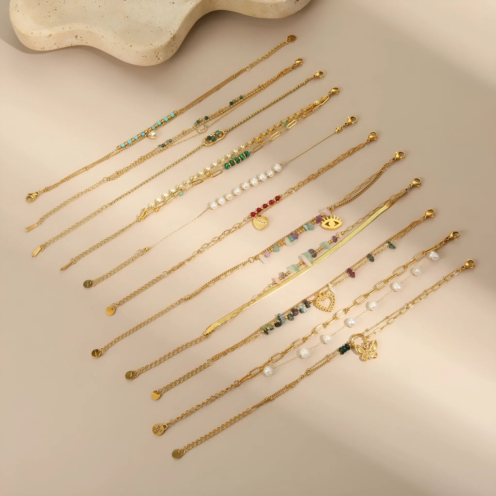 Niche Ins natural stone and freshwater pearl bracelet in stainless steel with 18K electroplating, geometric design, multiple colour options