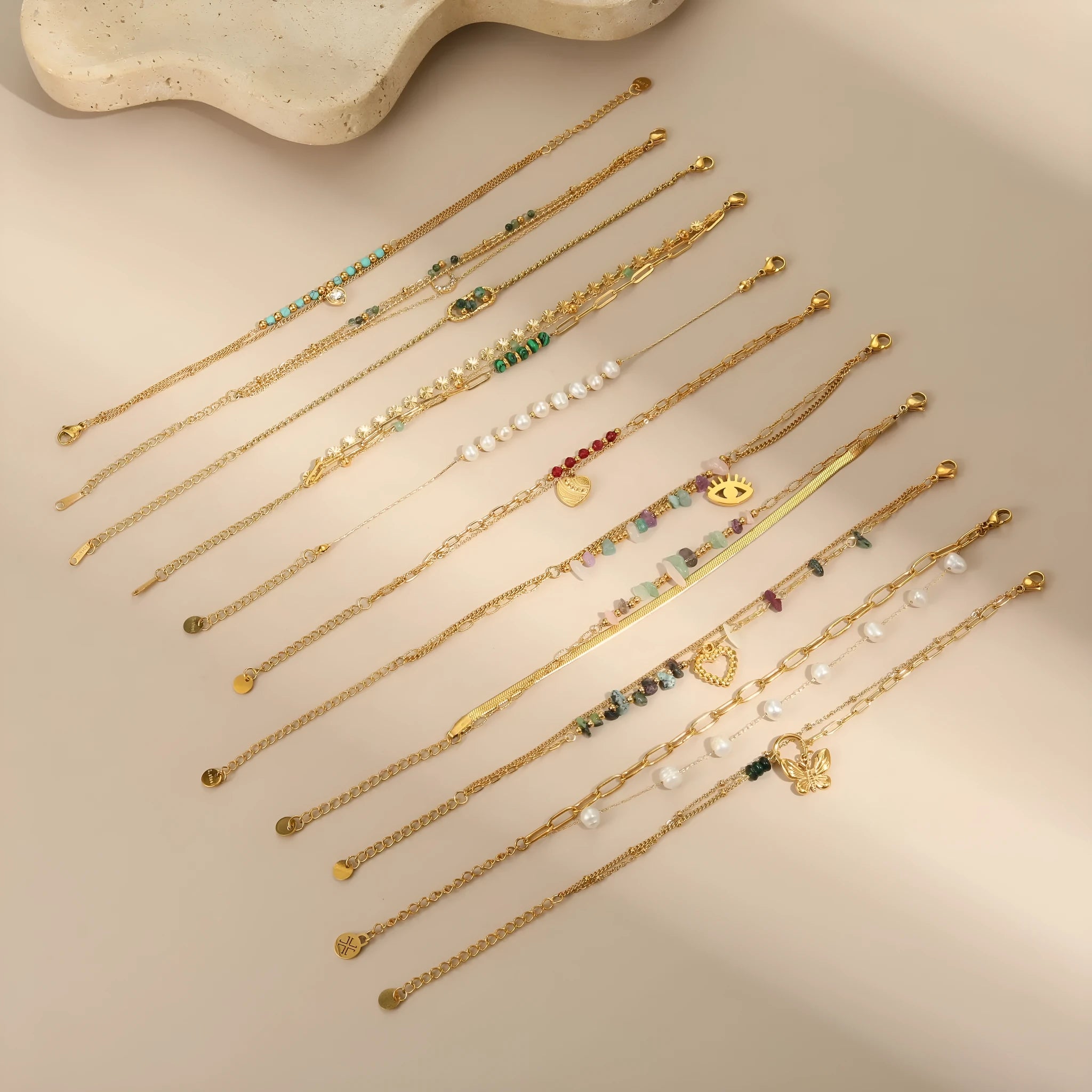 Niche Ins natural stone and freshwater pearl bracelet in stainless steel with 18K electroplating, geometric design, multiple colour options