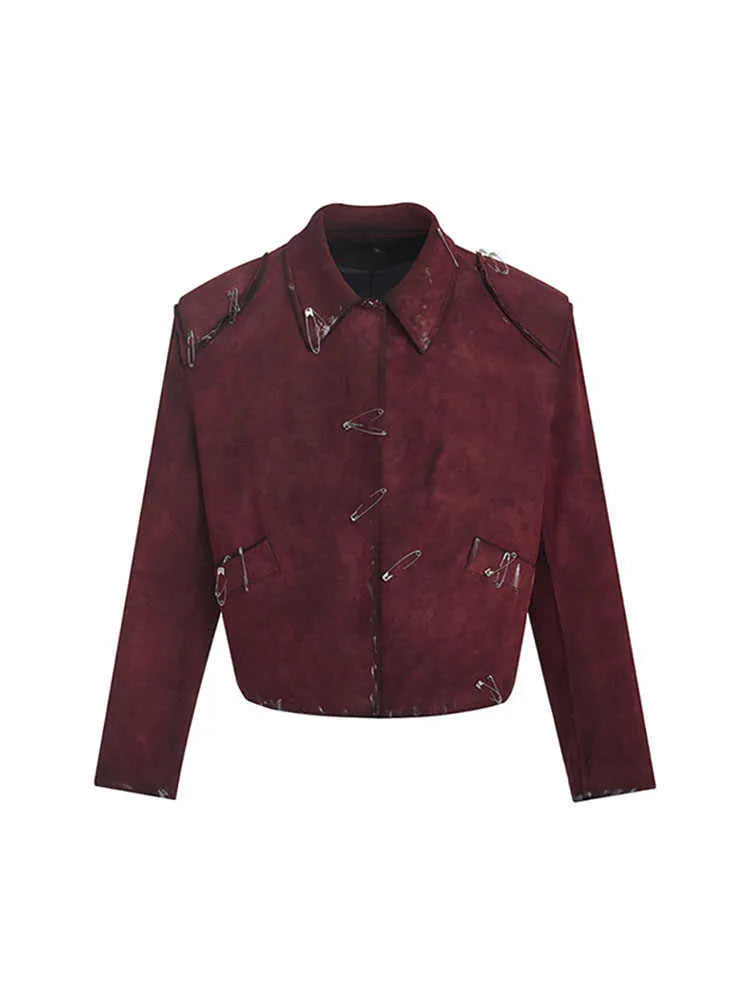 Red men's loose-fit quilted jacket with lapel collar and decorative pin flocking detail.