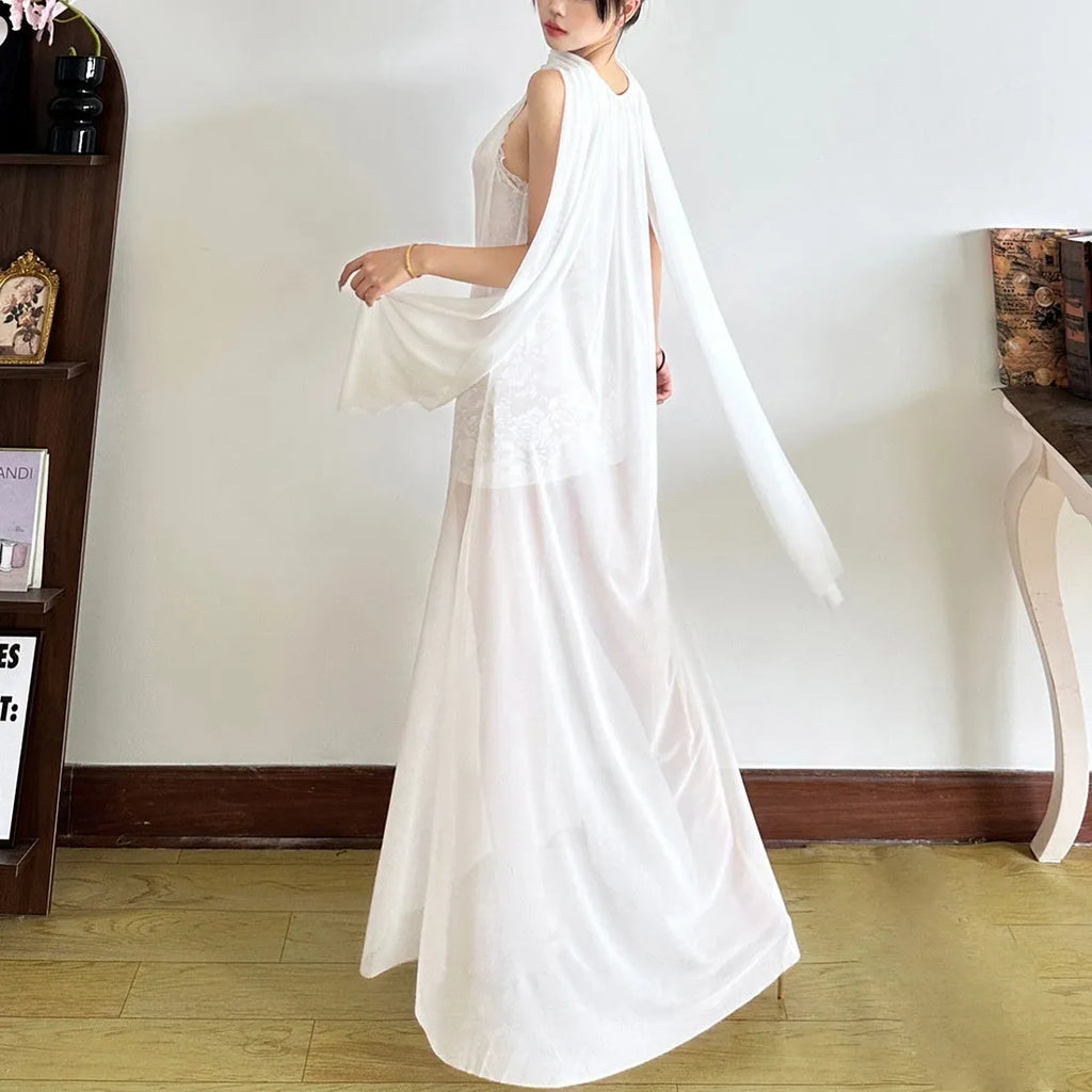 Women's halter lace stitching A-line long dress, white, high waist, street fashion, sizes S M L