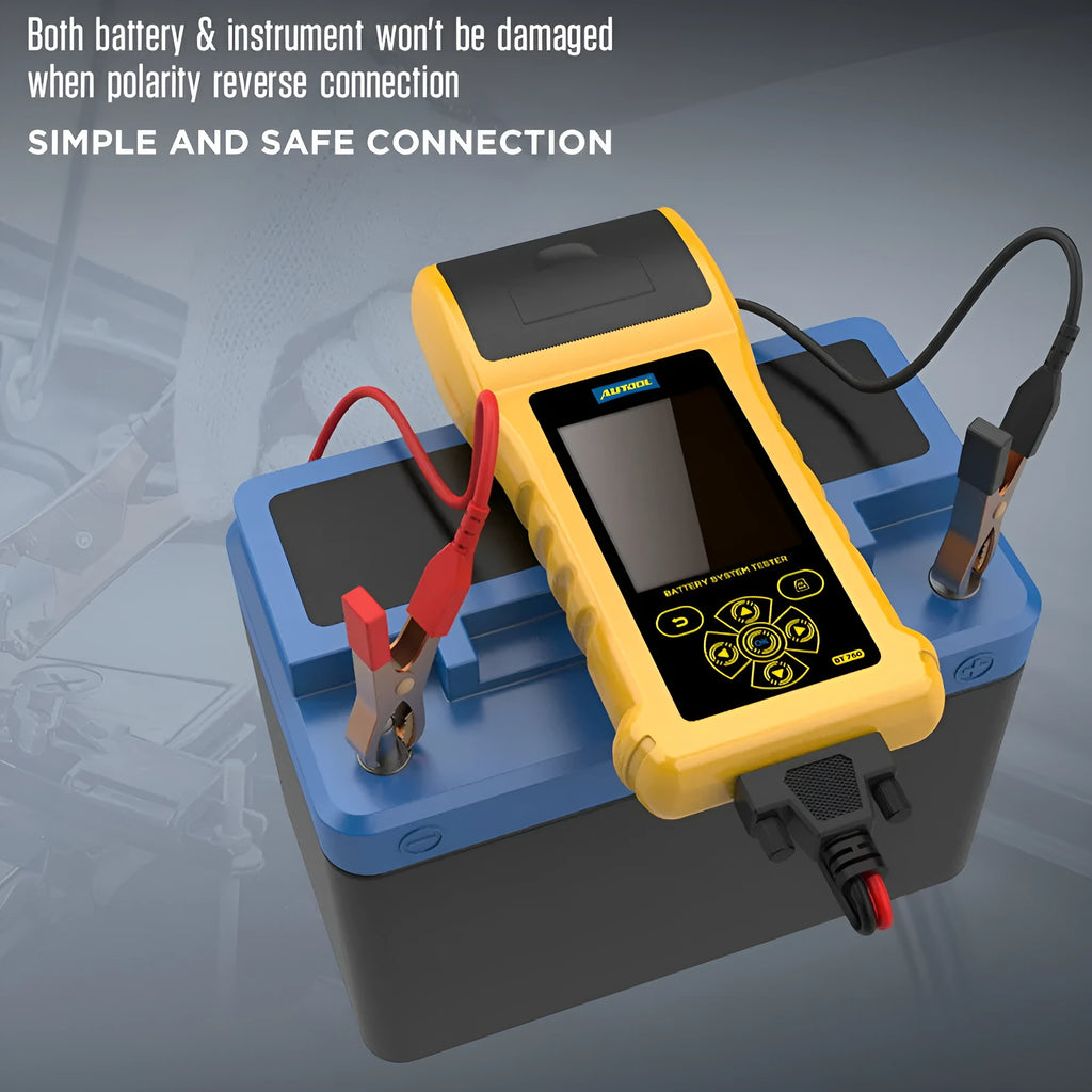 Autool BT760 digital vehicle battery tester with colour screen, test clips, and thermal printer.