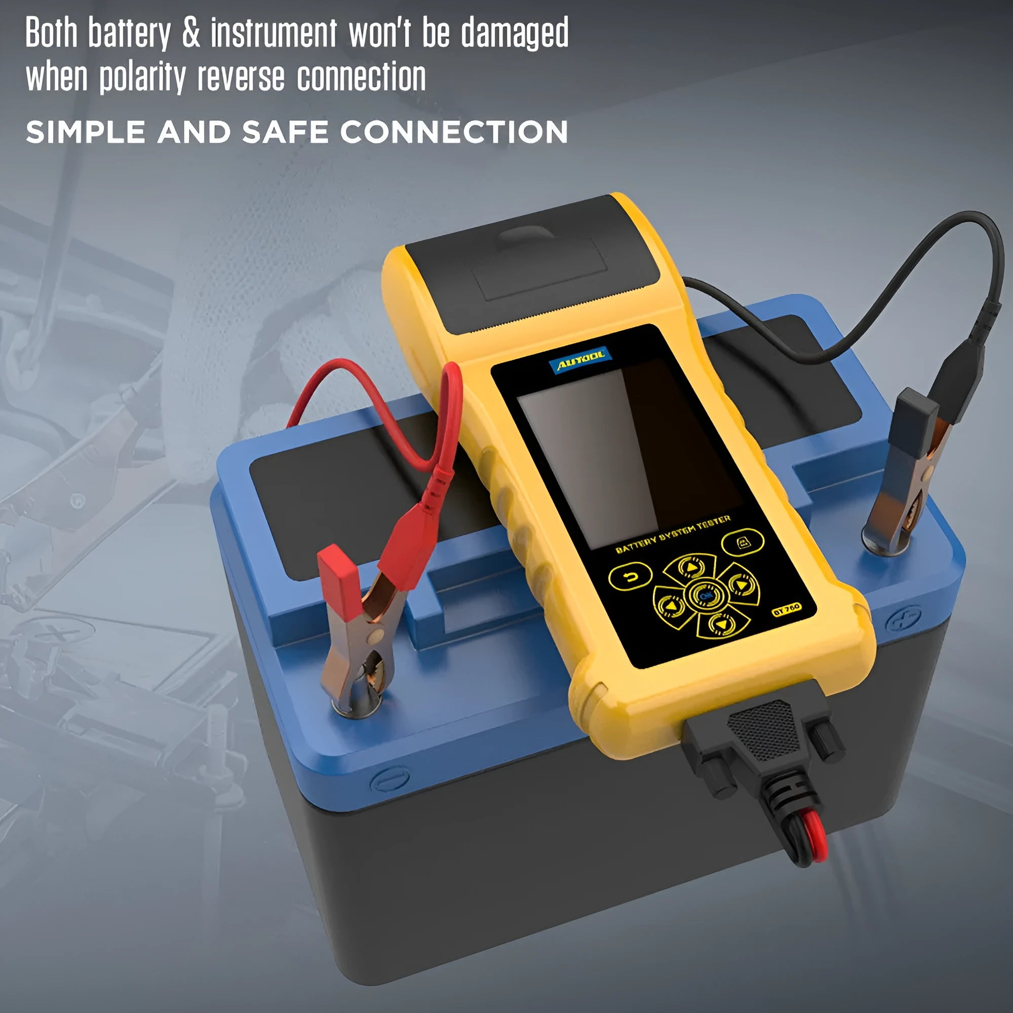 Autool BT760 digital vehicle battery tester with colour screen, test clips, and thermal printer.