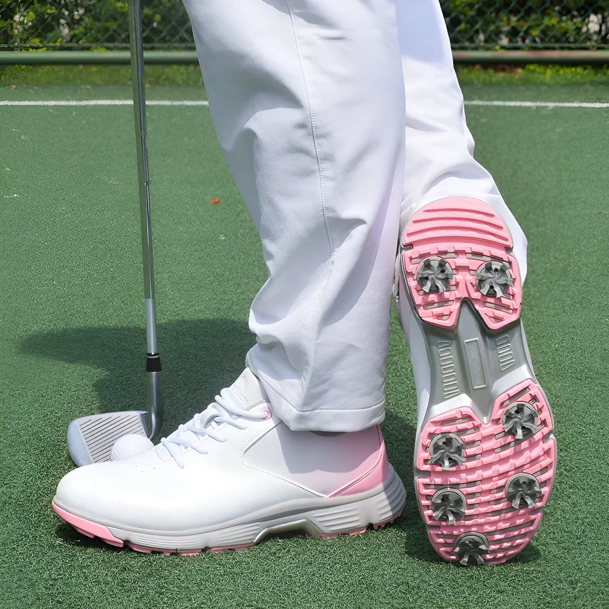 Women's waterproof golf sneakers with white or pink microfiber upper and natural rubber outsole