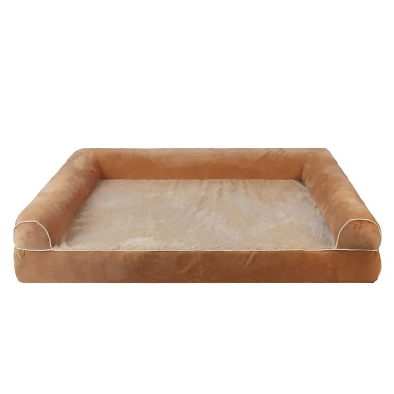 Square cloth-covered dog bed with sponge filling shown in beige, dimensions 100x60cm for scale.