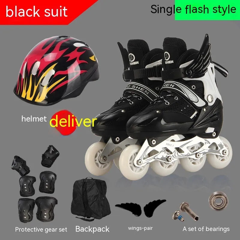 Children's adjustable roller skates in multiple colours with helmet and protective gear set.