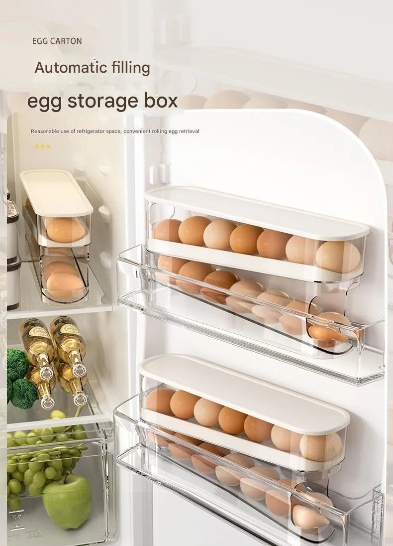 White plastic slide-out egg tray for refrigerator door with automatic dispenser and clear view window.
