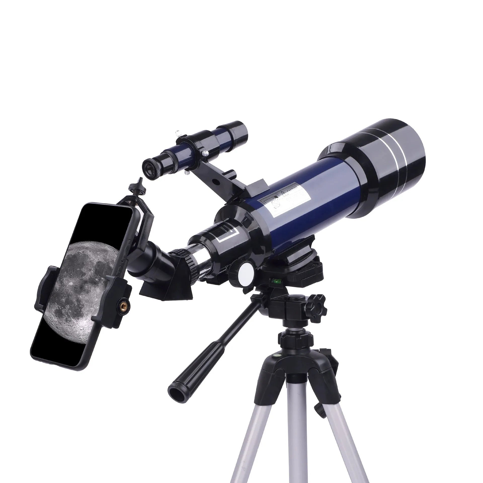 Dark blue children's astronomical telescope with tripod extended, showing monocular design.