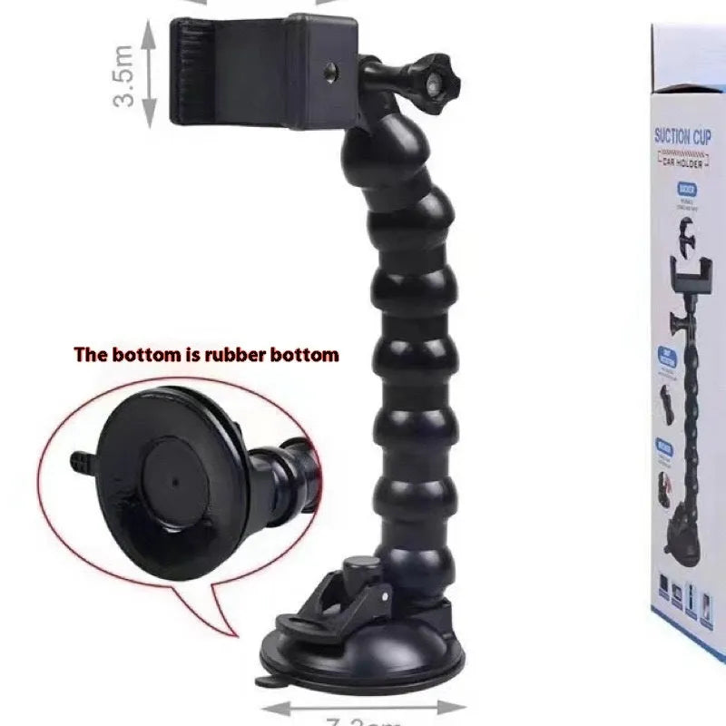 Black plastic car shooting bracket mobile phone holder with seven-section support frame for stable phone holding.