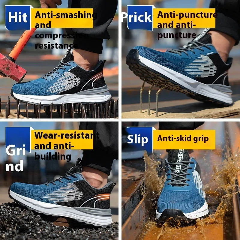 Blue men's safety work shoes with mesh upper, plastic toe cap, and lace fastening.