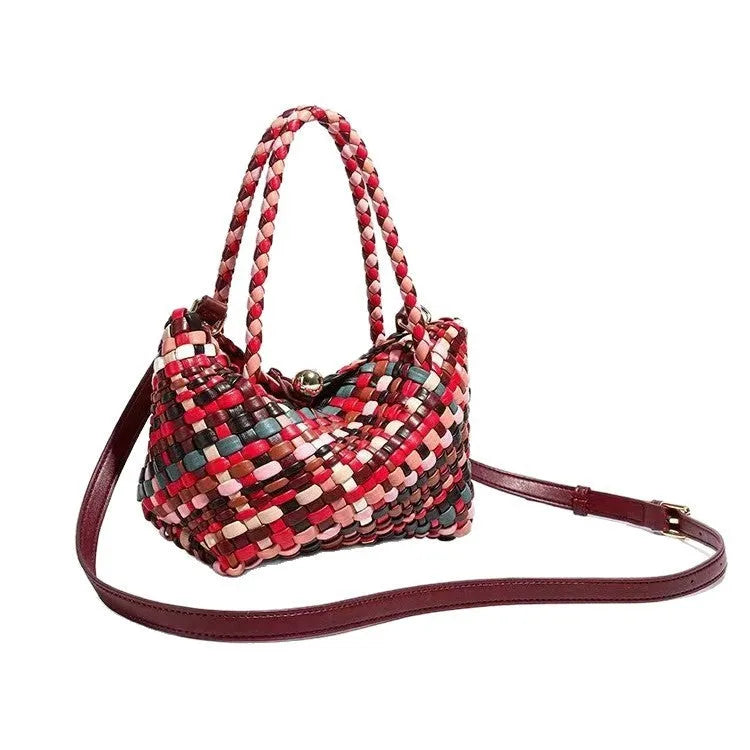 Women's woven PU shoulder bag with handmade design measuring 18x11x14cm