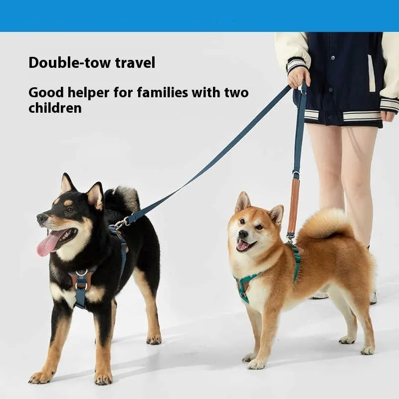 Multifunctional dog rope leash and chest strap set in cardamom red with double-pull connections, imported nylon and Napa PVC leather.