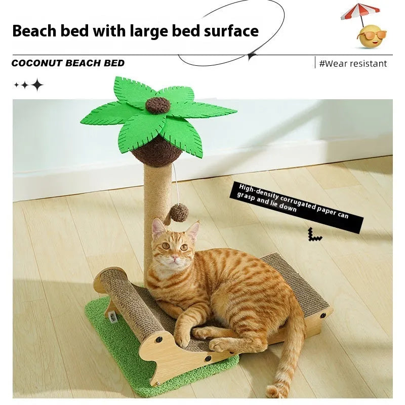 Solid wooden beach chair for cats with a hemp mat, serving as a multifunctional pet bed and scratch board.