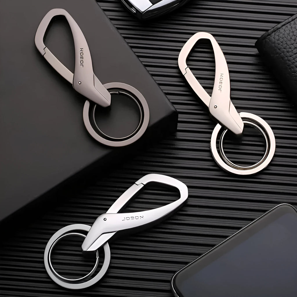 Zinc alloy double ring car key chain in black, chrome, or nickel colour with waist hanging design