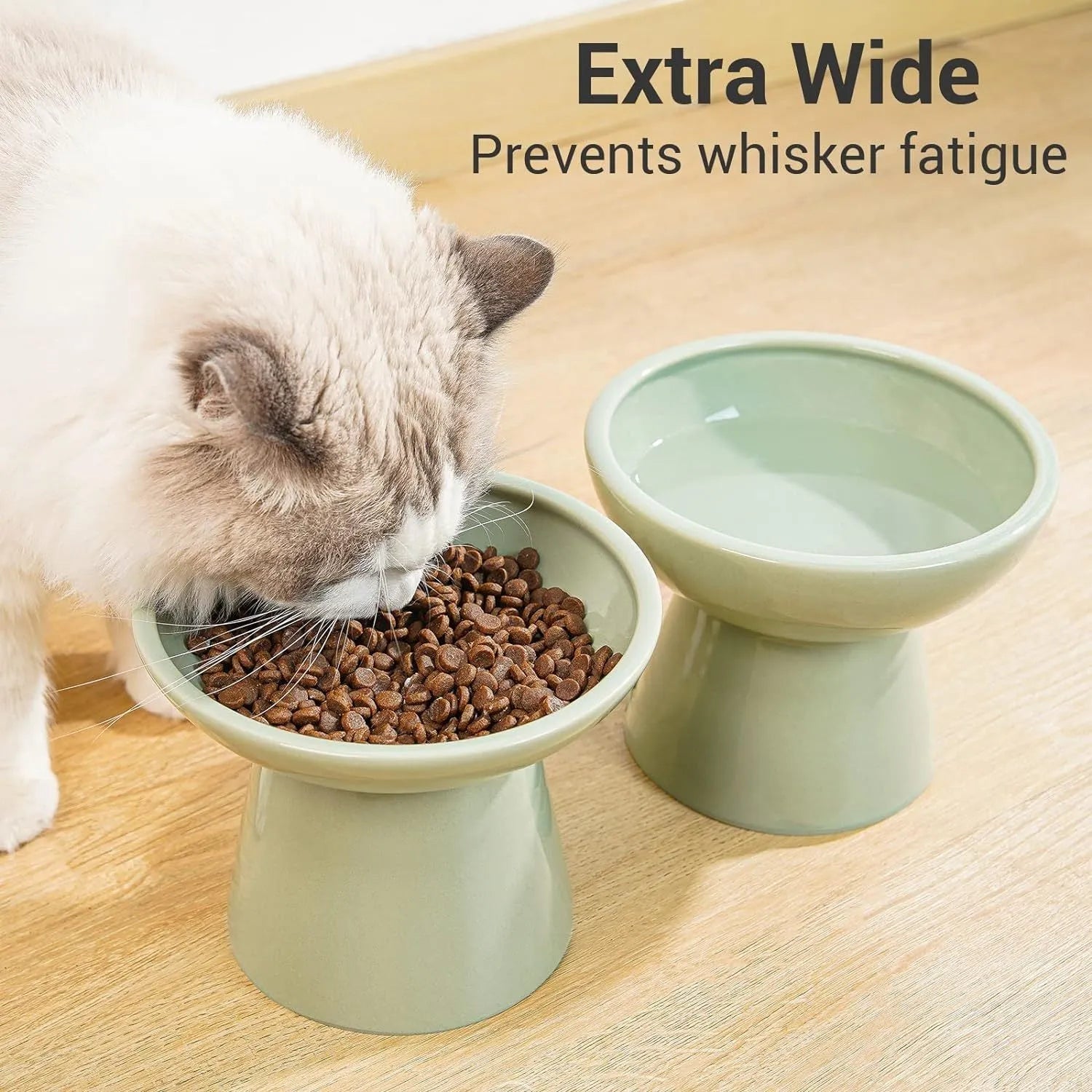 Wide shallow ceramic elevated cat food bowl in blue colour showing dimensions