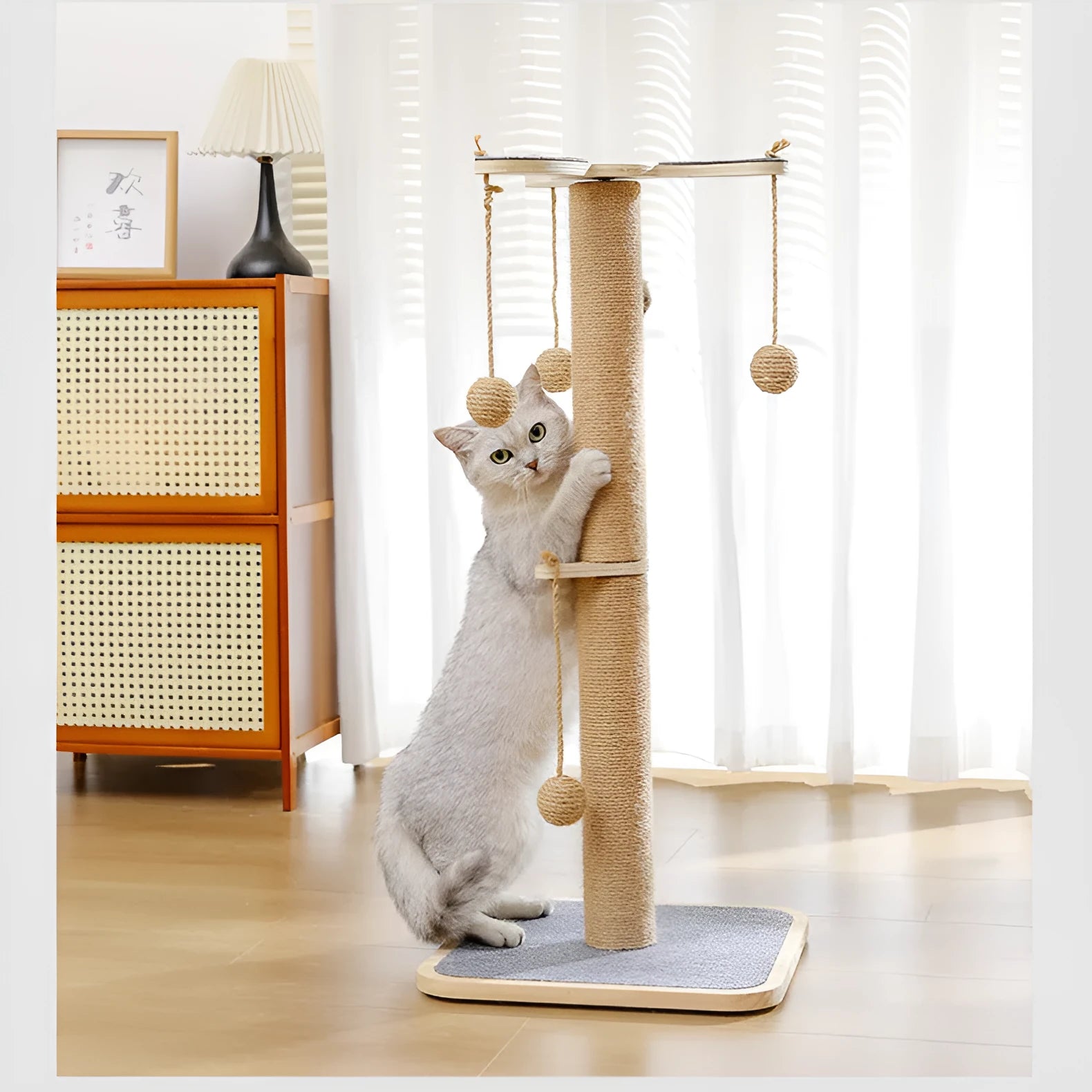 Windmill-shaped cat climbing frame with a hanging ball toy and carpet leather perches on a pine wood structure.