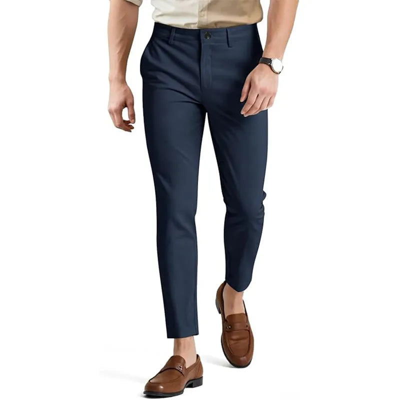 Men's slim fit cotton casual pants in various colours, high elasticity damask fabric, sizes S to 3XL.