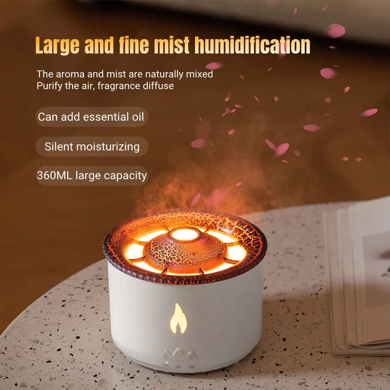 Black columnar ultrasonic essential oil humidifier diffuser with flame and jellyfish effects, 350ml, three fog outlets, 36dB quiet