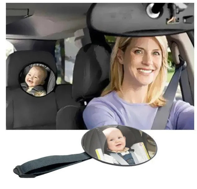 Black baby safety seat rearview mirror with 17cm circular glass mounted on square ABS chassis