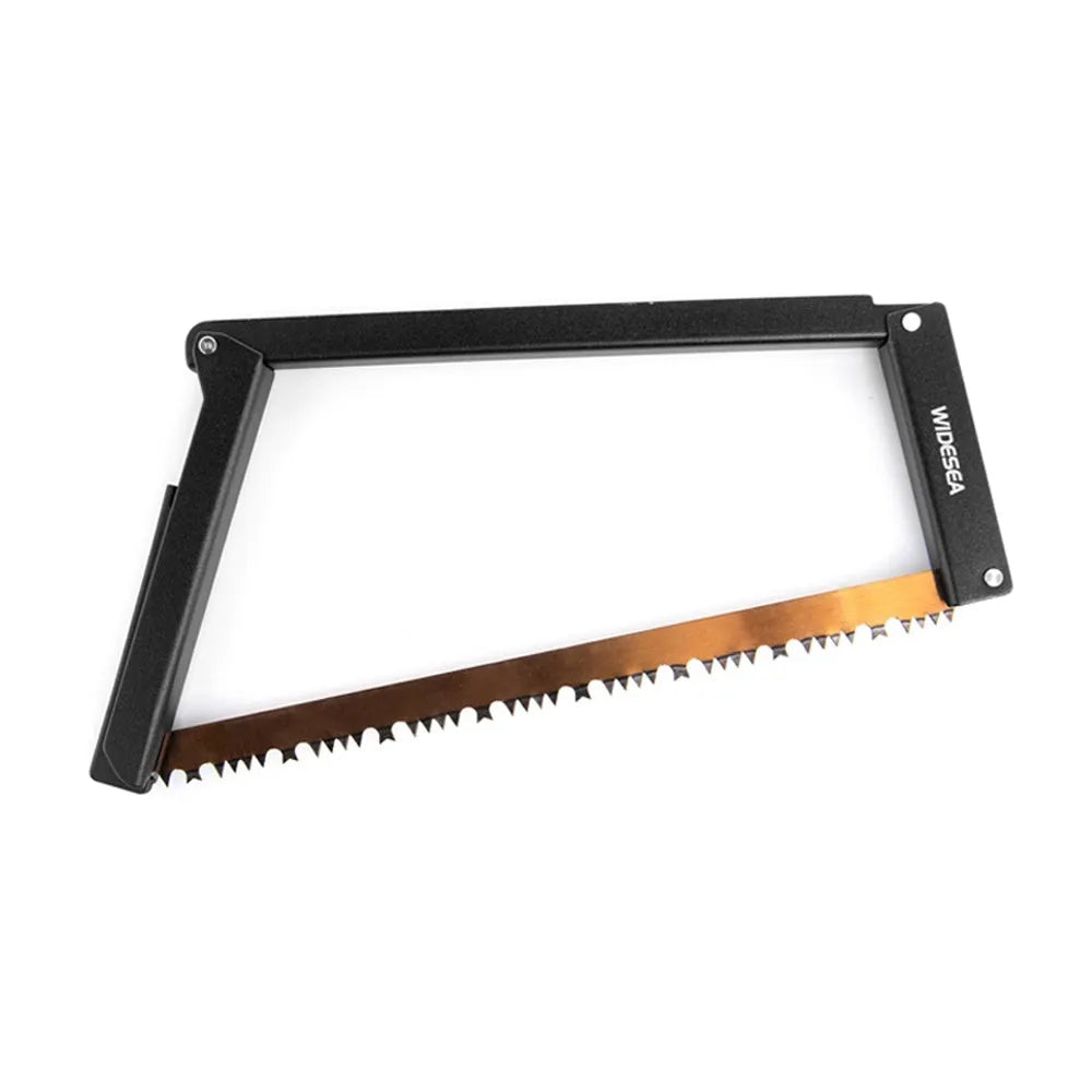 Black foldable outdoor saw with aluminium frame and nylon handle, blade folded for storage.