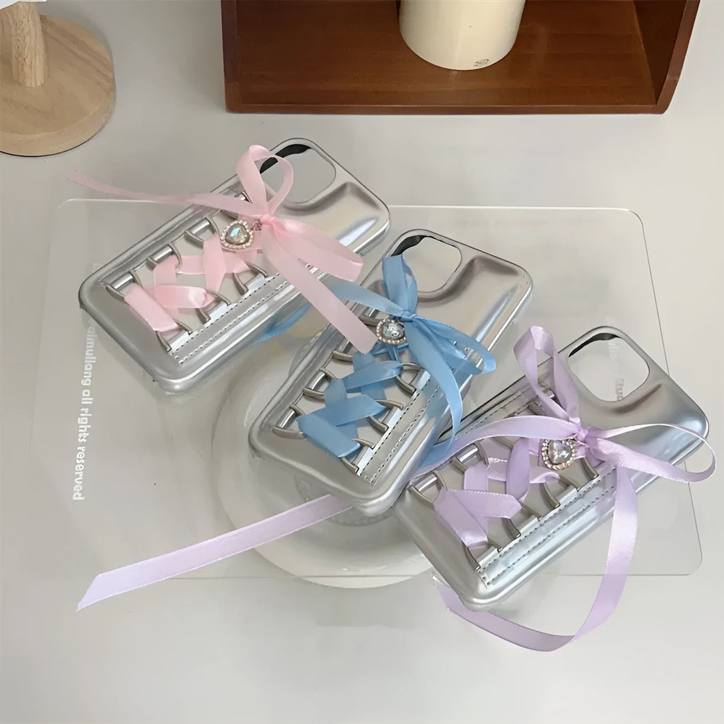 Electroplated silver PC phone case with shoelace bow for iPhone 15, blue colour