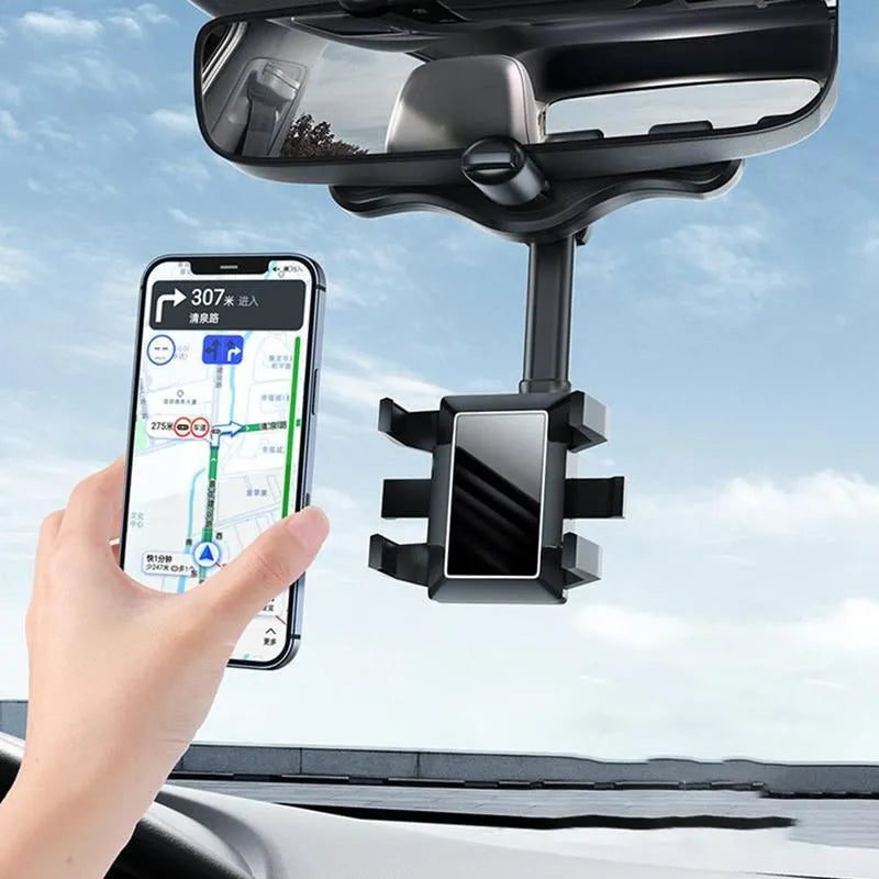 Black rearview mirror phone holder with telescopic arm and four-claw phone grip mounted on a car mirror.