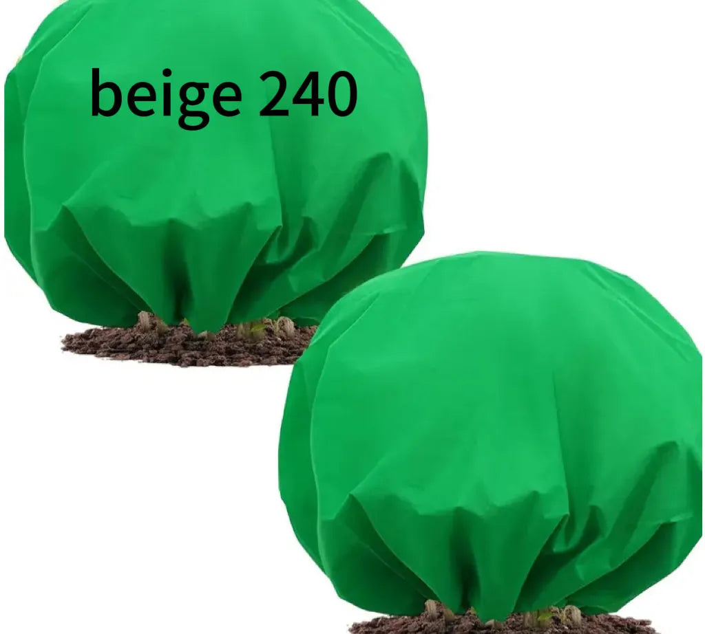 Round winter non-woven plant camera cover in green with drawstring for frost protection