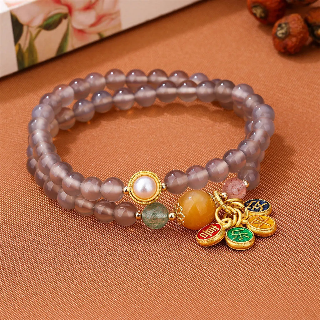 Natural gray agate bracelet with two-circle design and retro styling for women