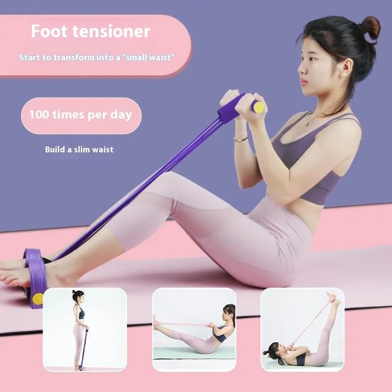 Yoga four piece set showing leg beauty device, yoga ring, pedal puller, and figure eight tension rope for home workouts.