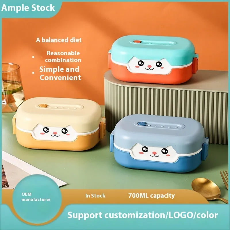 Square plastic divided lunch box in dark blue, orange yellow, or pink and green, shown with compartments.