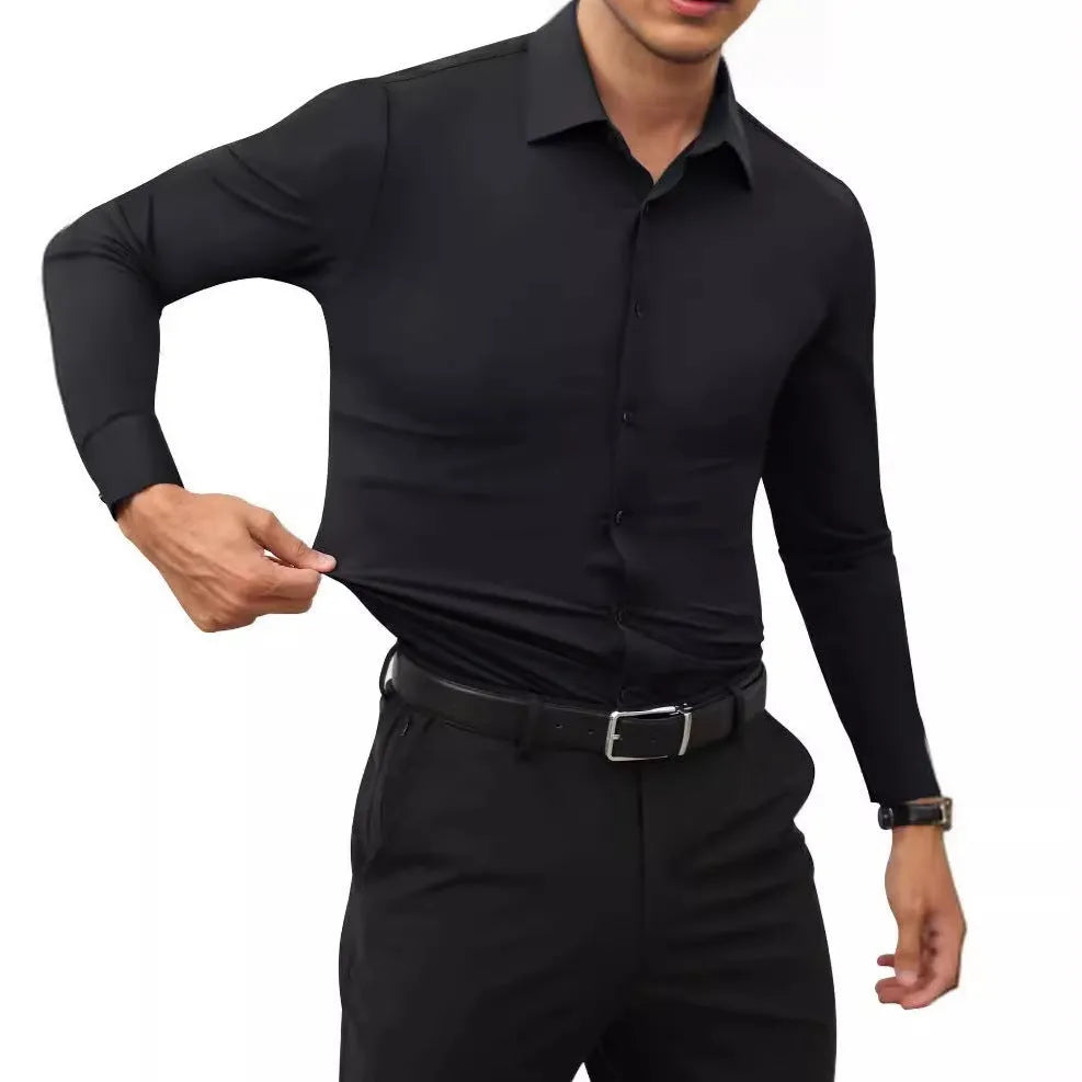 Men's long sleeve full elastic force shirt in solid colour, cardigan style, polyester fabric