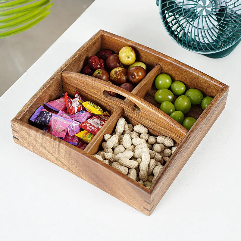 Solid wood snack candy tray in burlywood with grid options and cover for serving nuts and dried fruit