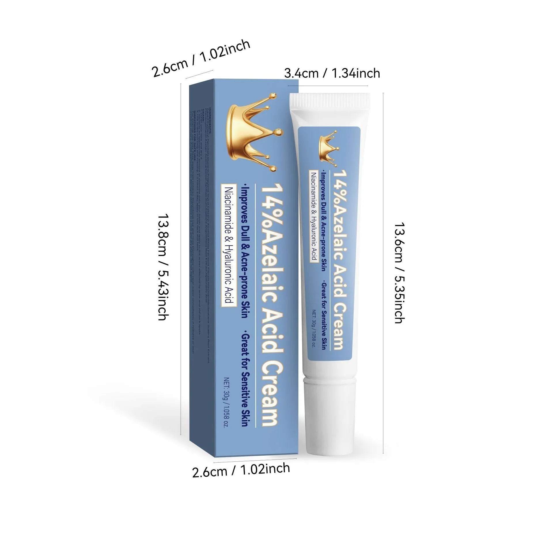 Blue tube of 30g azelaic acid cream with FP-A035 specification code