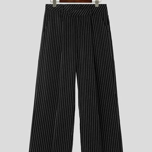 Black men's casual trousers with vertical stripes and front pleats on a hanger.