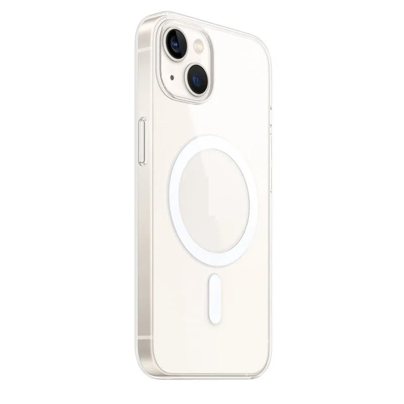 Clear magnetic hard back case for iPhone on a MagSafe charging puck