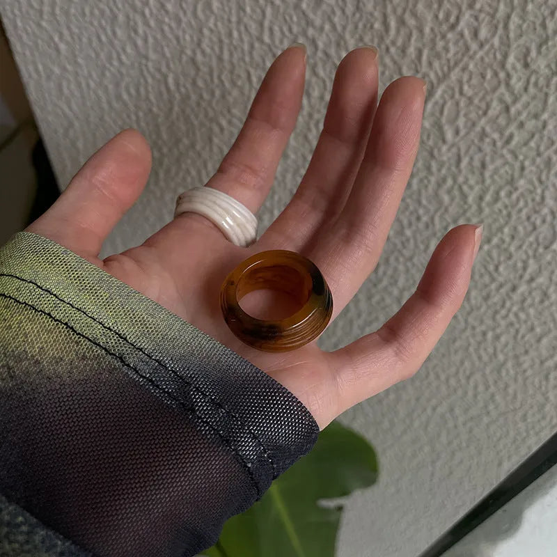 Chinese style irregular geometry resin wide ring in brown or white colour options