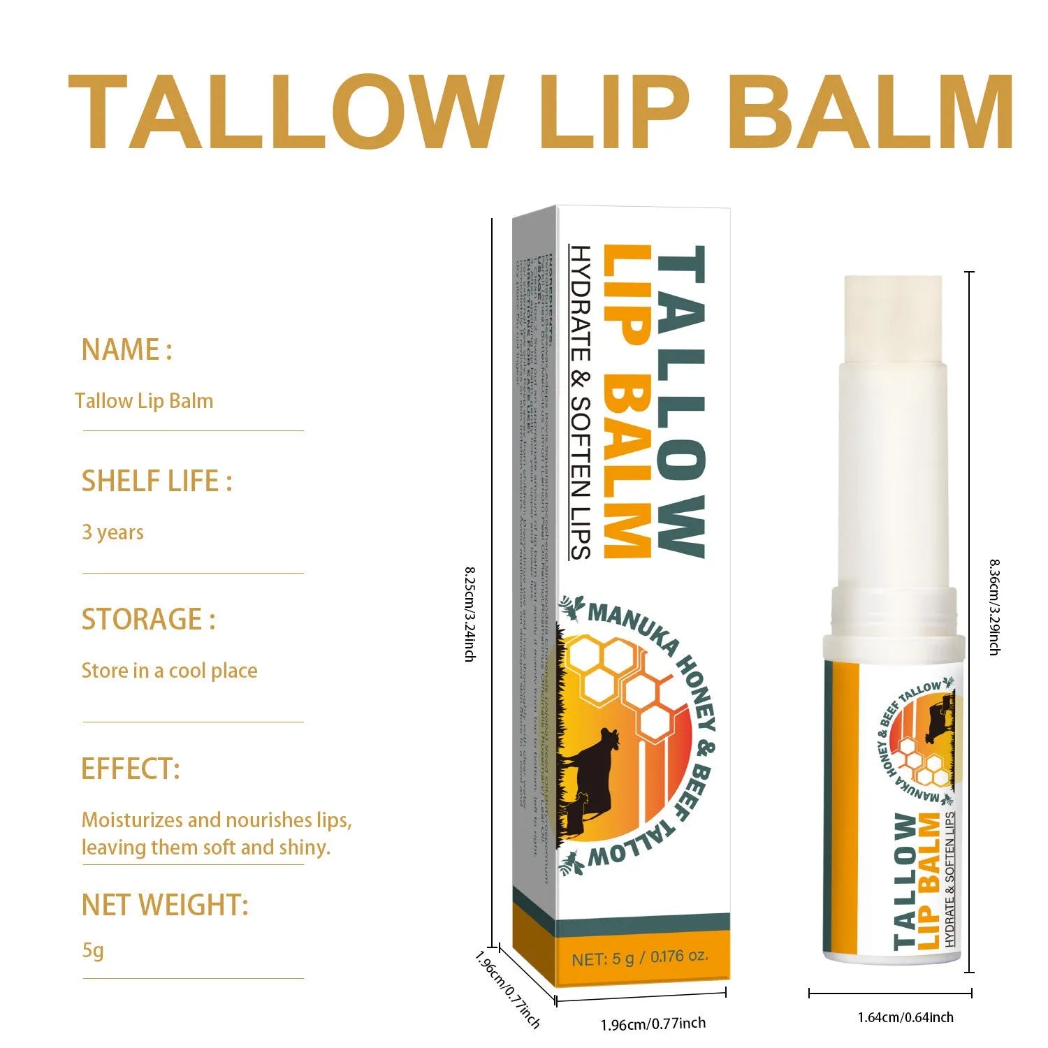 Tallow lip balm stick in cylindrical case with 5g bovine tallow formula