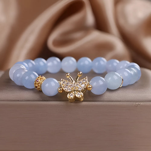Sky blue aquamarine butterfly crystal bracelet with pearls and rhinestones measuring 17cm length