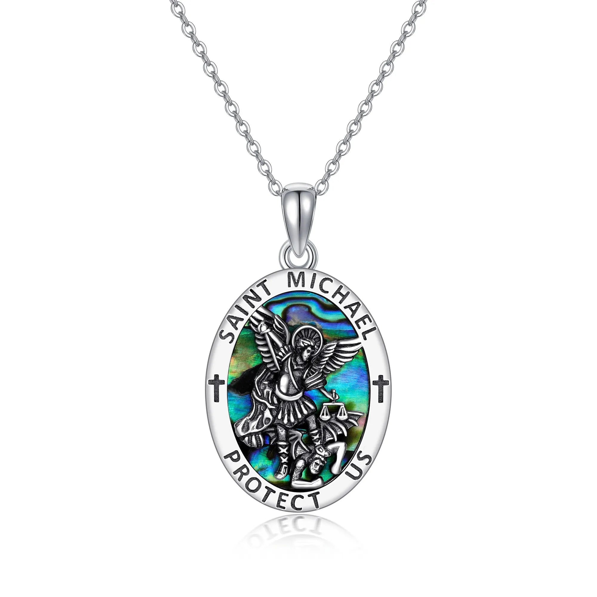 Saint Michael coin medal pendant in 925 sterling silver with white gold plating and abalone stone on 20 inch chain