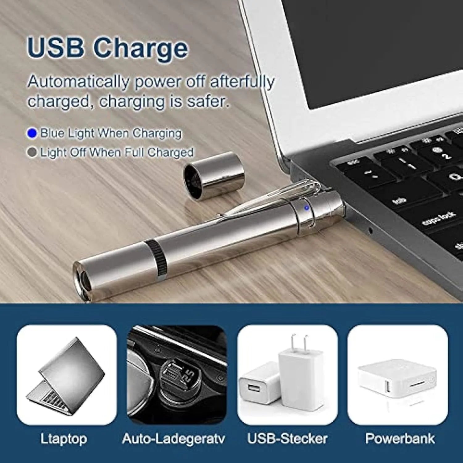 Silver aluminium cat toy pointer with USB charging showing multiple light pattern projections