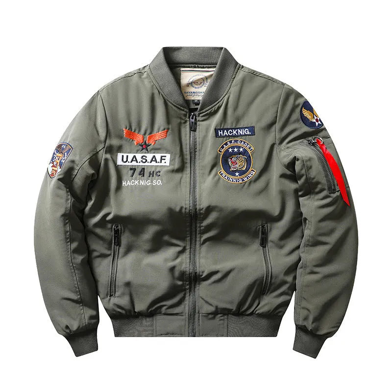 Men's slim-fit black retro stand collar cotton-padded coat with patch pockets