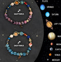 Two adjustable beaded bracelets with natural stone beads on a wooden surface, showing zodiac charm details.