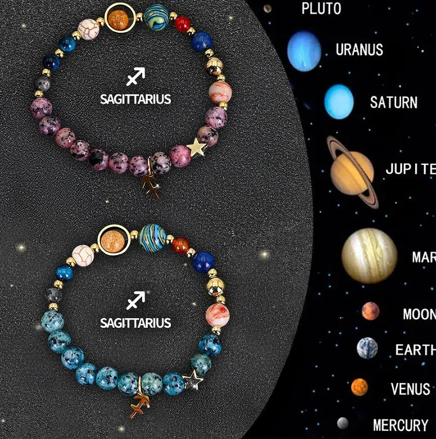 Two adjustable beaded bracelets with natural stone beads on a wooden surface, showing zodiac charm details.