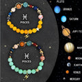 Set of two natural stone beaded bracelets with charms for all twelve zodiac signs.