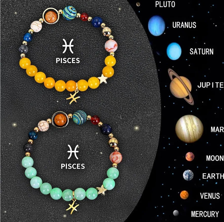 Set of two natural stone beaded bracelets with charms for all twelve zodiac signs.